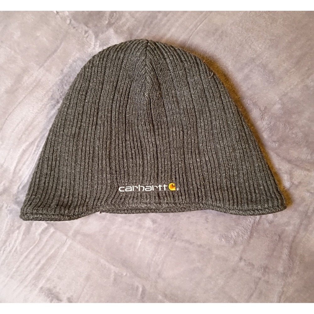 Carhartt Beanie Hat Mens Charcoal Grey Ribbed Knit Embroidered Logo 100779 OSFM
